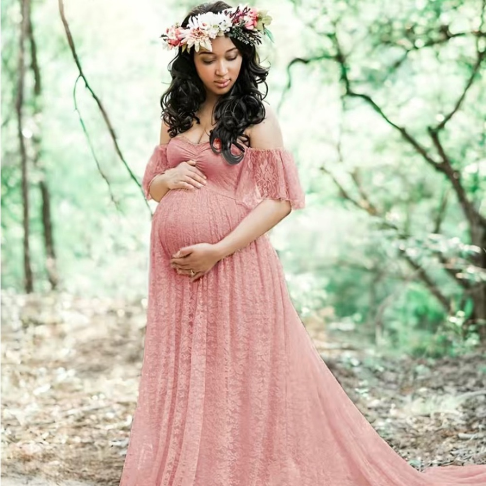 Off the shoulder lace pink Maternity dress